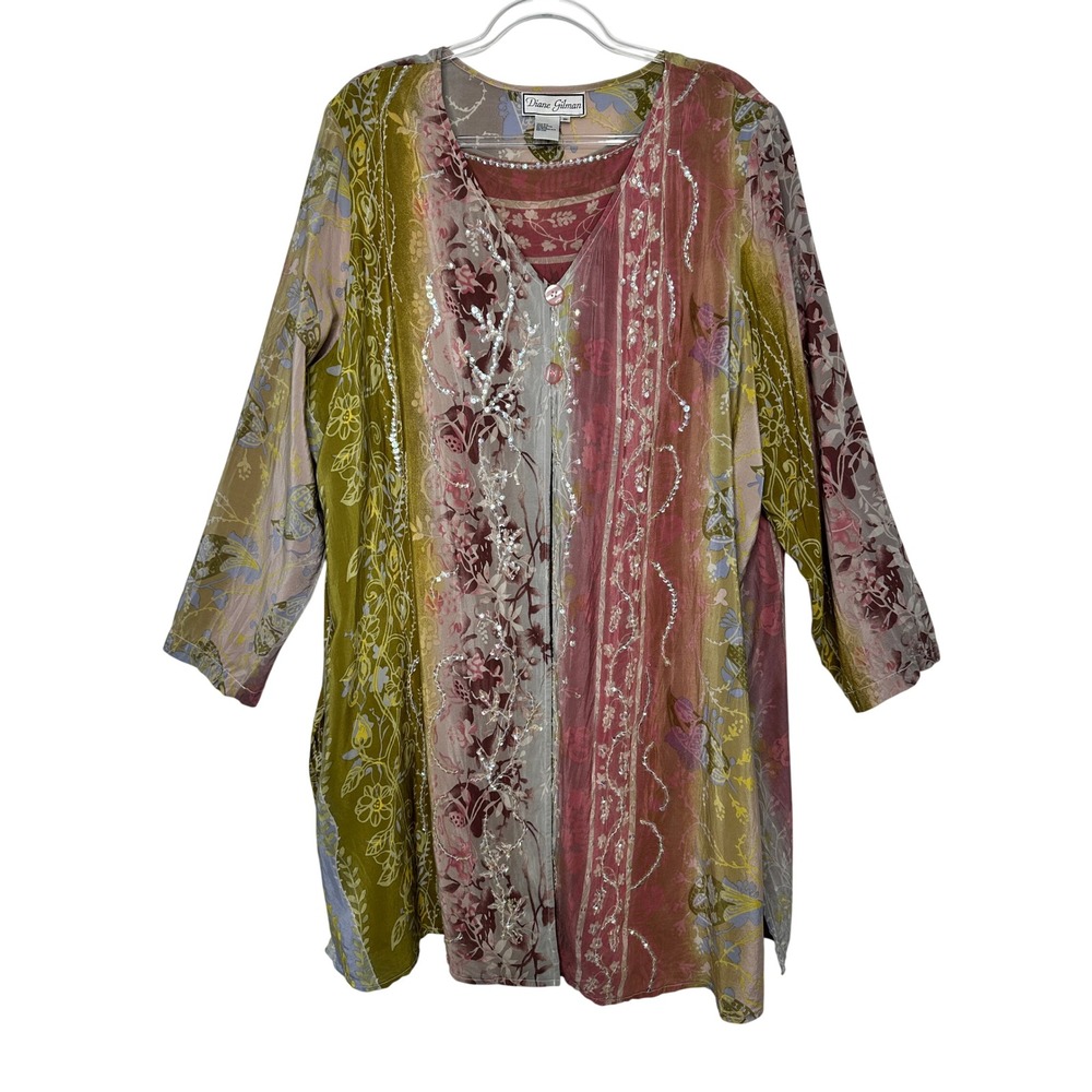 Vtg Diane Gilman 100% Silk Tunic 2 Piece Set Sequin Floral Size 3X Pink Green